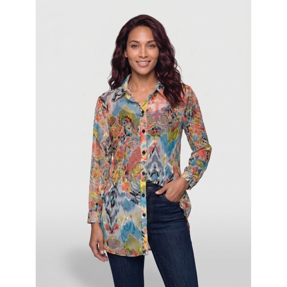 VTG City Girl Nancy Bolen Mesh Blouse Women LG Multicolor Abstract Sheer Button